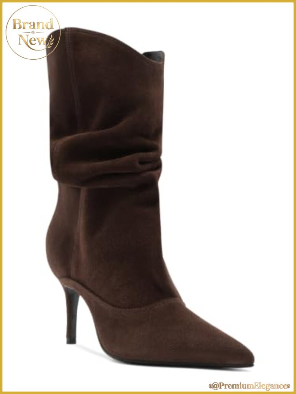Faux Suede Slouch Mid Calf Pointed Toe Stiletto Heel Pull On Dressy Boots